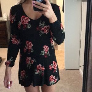 Black floral shift dress with long sleeves
